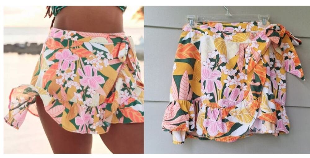 aerie Linen blend Floral Mini Ruffle Wrap Skirt Adjustable Tie Tropical Beach M